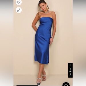 Lulu’s Effortless Bliss Royal Blue Satin Strapless Cowl Back Midi Dress